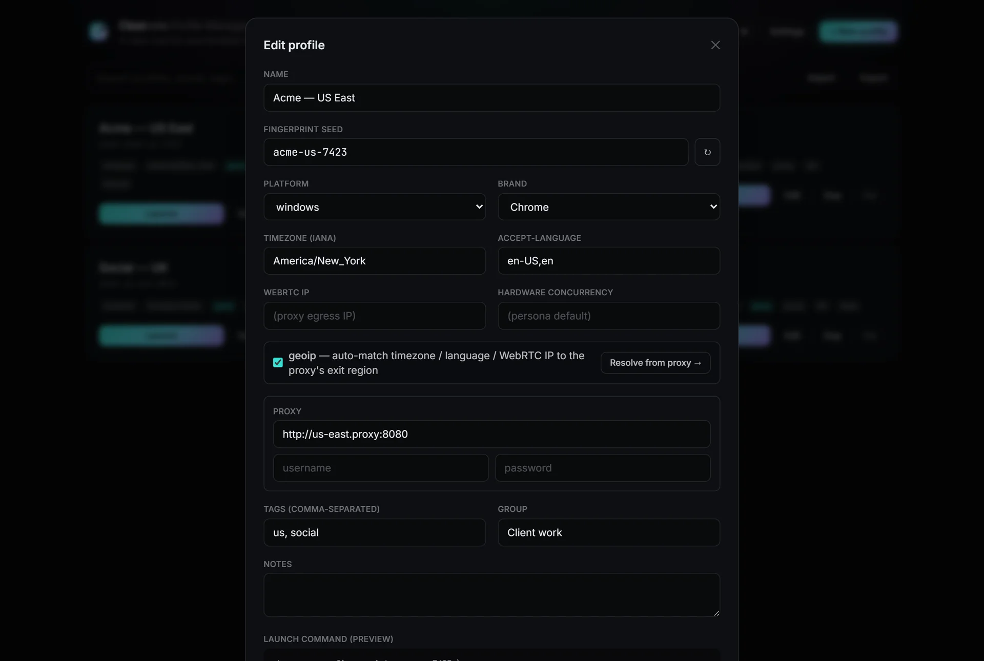 The profile editor dialog: fingerprint seed, platform and brand selectors, timezone, proxy, geoip auto-match, tags and a live launch-command preview.
