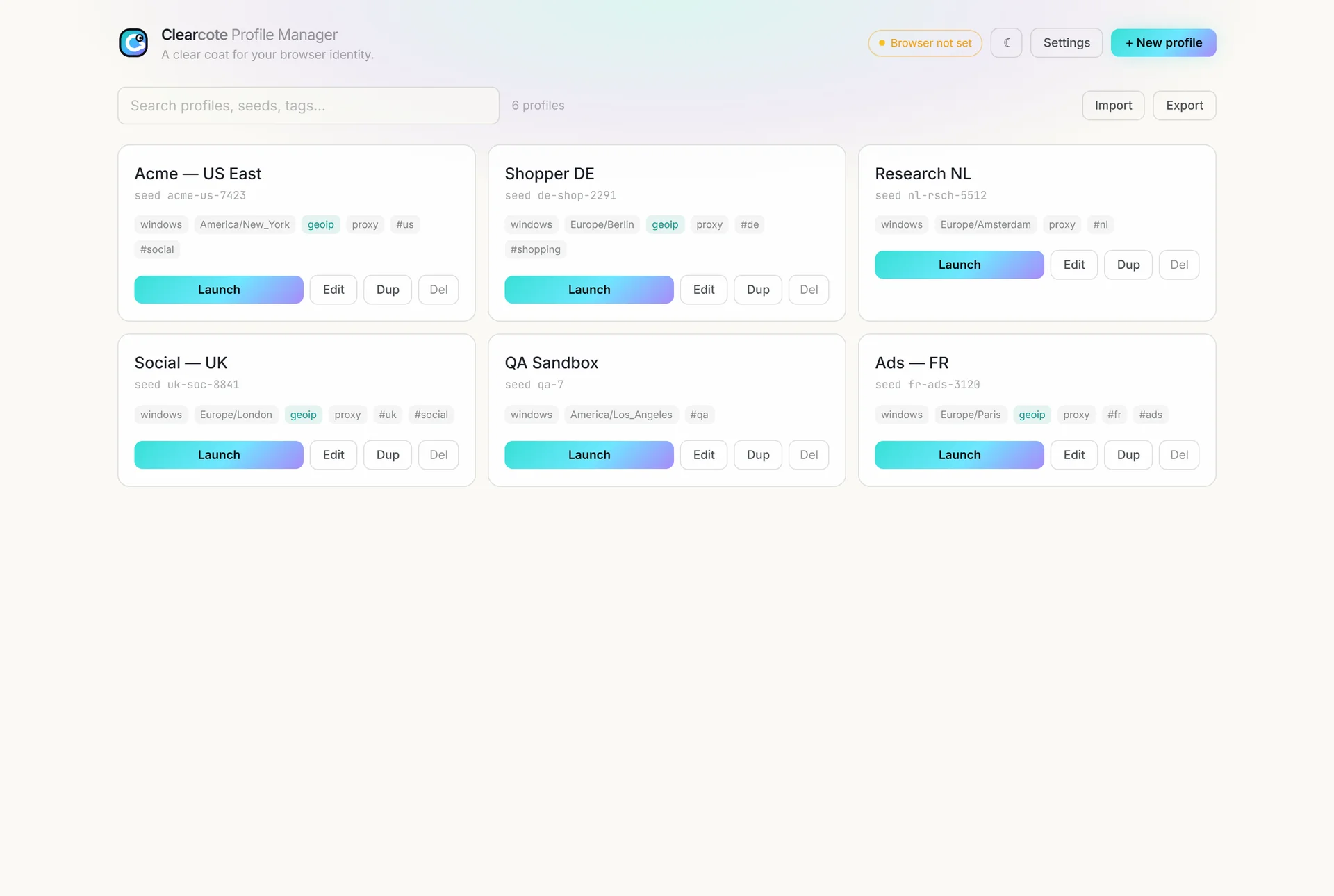 The main window in light theme: the same six profile cards on a light background, with the theme toggle in the header.