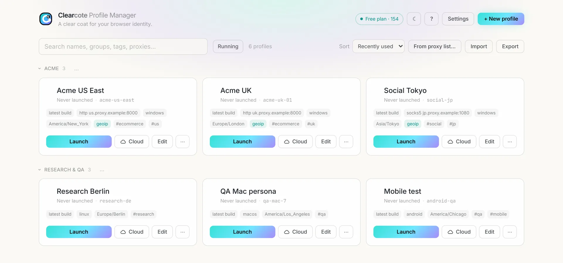 The main window in the light theme, with profiles in groups and the theme toggle in the header.