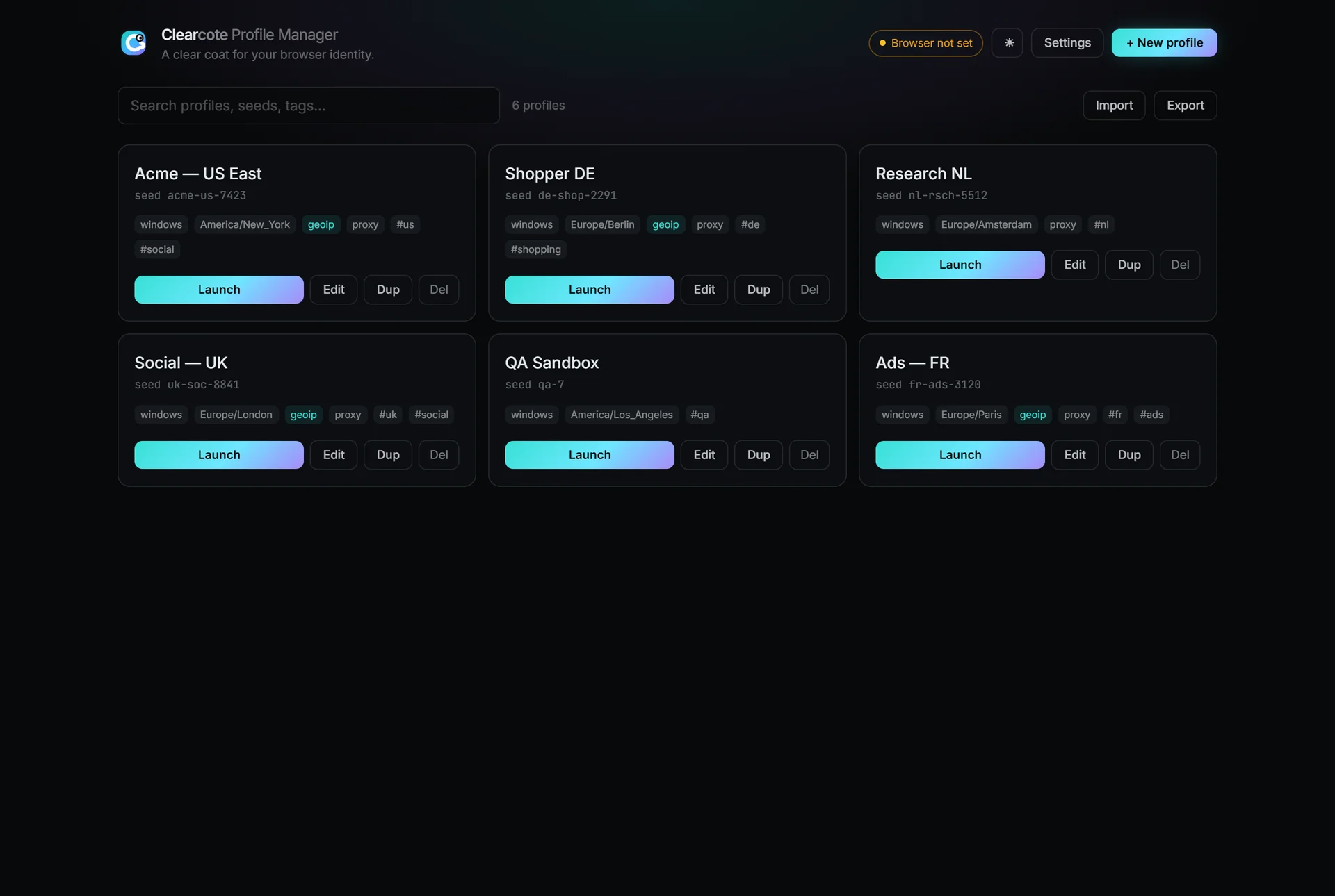 Das Hauptfenster des Clearcote Profile Manager: gespeicherte Profile als Karten mit Chips für Fingerprint-Seed, Zeitzone, geoip und Proxy, jeweils mit den Schaltflächen Launch, Edit, Duplicate und Delete.